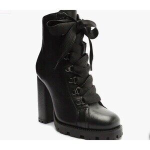 Schutz Zara Black Leather Lace Up Lug Sole Block High Heel Combat Boots 10B